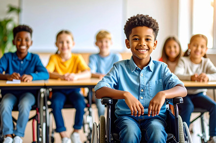 Boy at wheelchair smiling at classroom