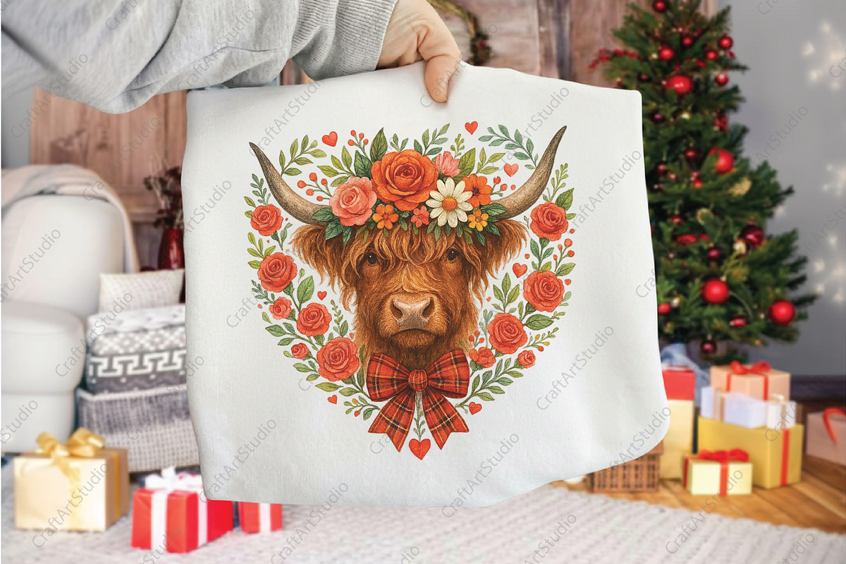 Floral Valentine Heart Highland Cow, an Illustration by CraftArtStudio (Photo 3 of 4)
