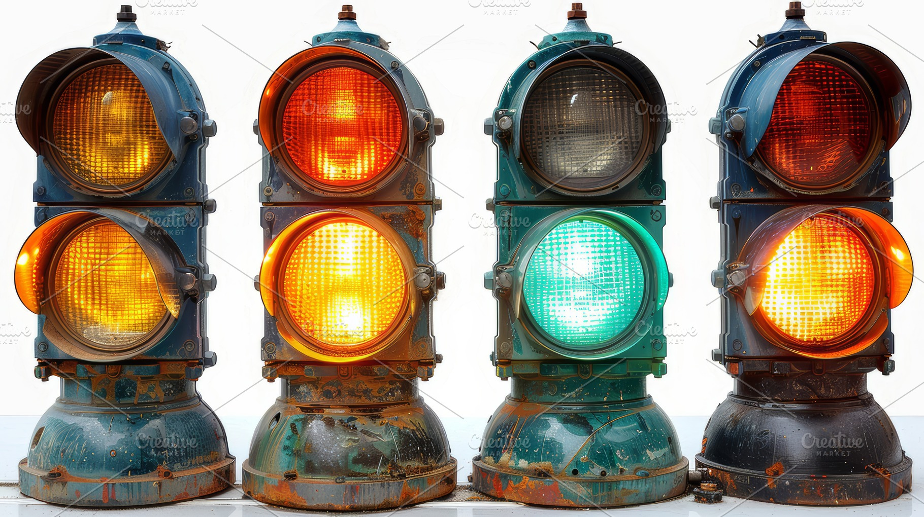Vintage Traffic Lights Displaying Different Signals in a Collage, a Photo by AS photostudio