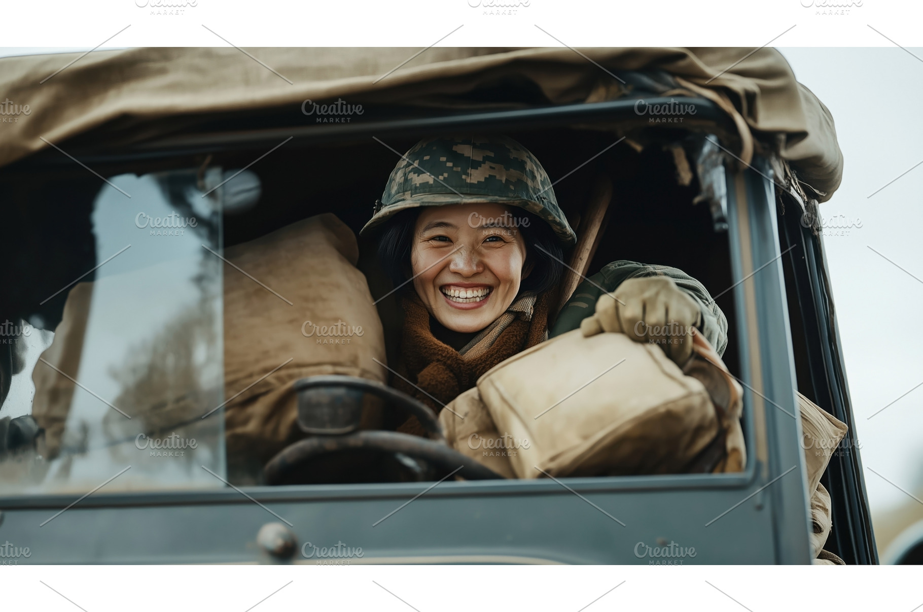 Asian female soldier smiling inside, a Transportation Photo by Sergey Kotenev
