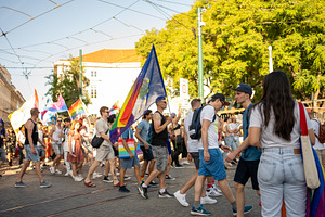 Homosexual men and women with rainbow flags at gay pride parade, a Photo by andreonegin market