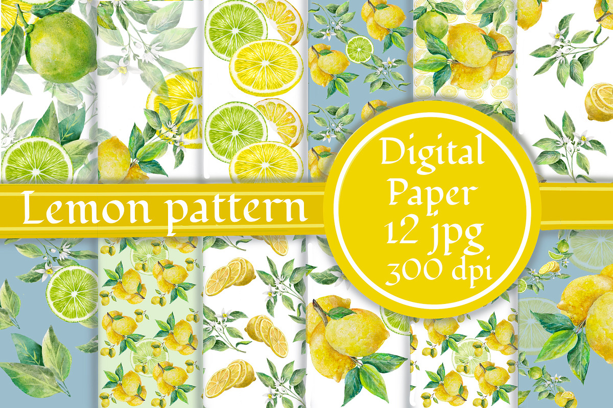 Lemons and limes Digital Paper Pack, a Pattern Graphic by AkvarelRiver (Photo 1 of 5)