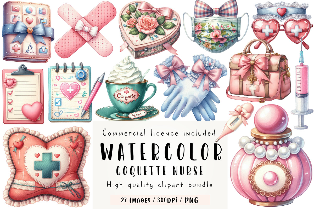 Watercolor Coquette Nurse Clipart, an Illustration by CreationArt (Photo 1 of 5)