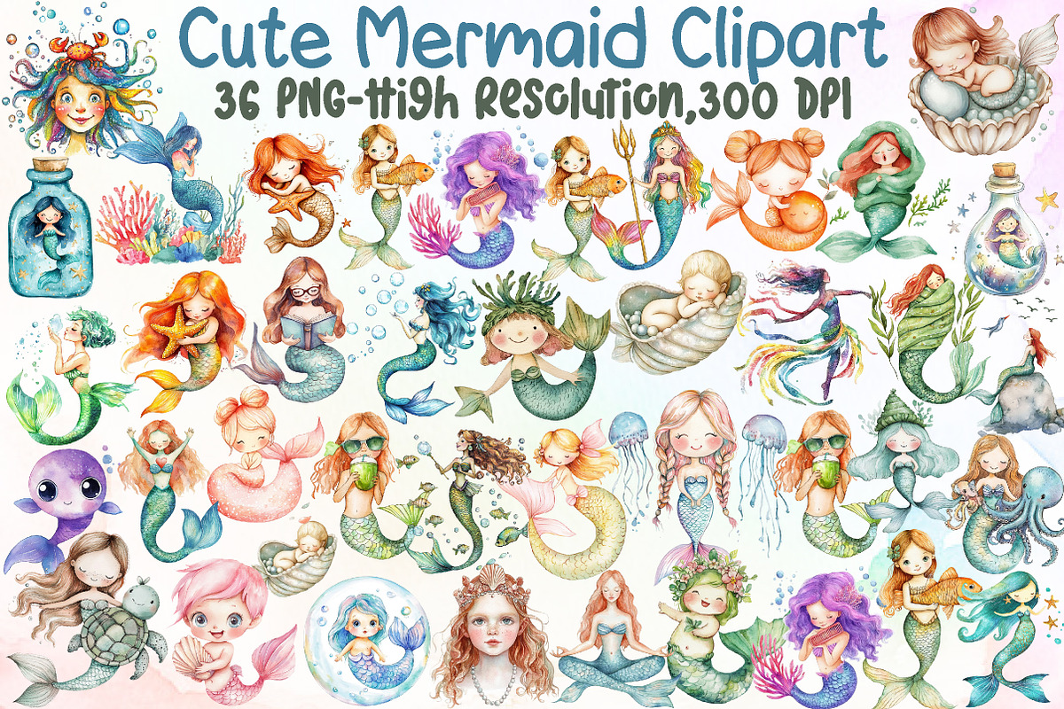 Cute Mermaid Watercolor Clipart, an Illustration by Sublimation Artist (Photo 1 of 6)