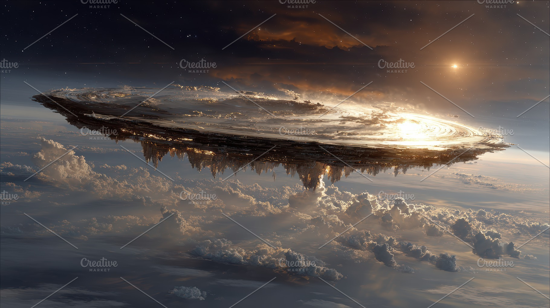 Alien City Floating Above Clouds Sun, a Photo by Pixeness Studio