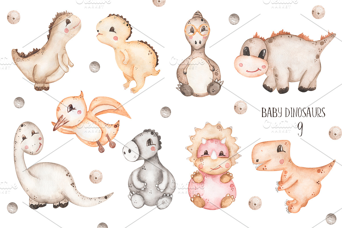 Watercolor Cute Baby Dino Collection, an Animal Illustration by MayaNavits (Photo 6 of 14)