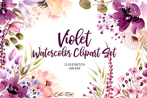 Violet Watercolor Clipart elements