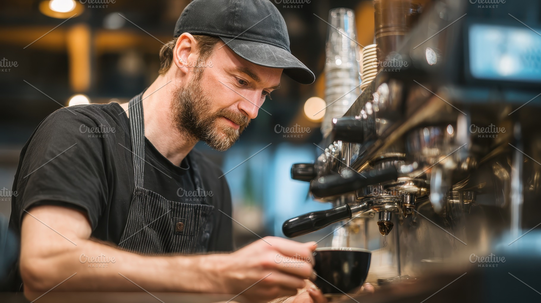 Barista making espresso coffee in a, a Photo by Pixeness Studio
