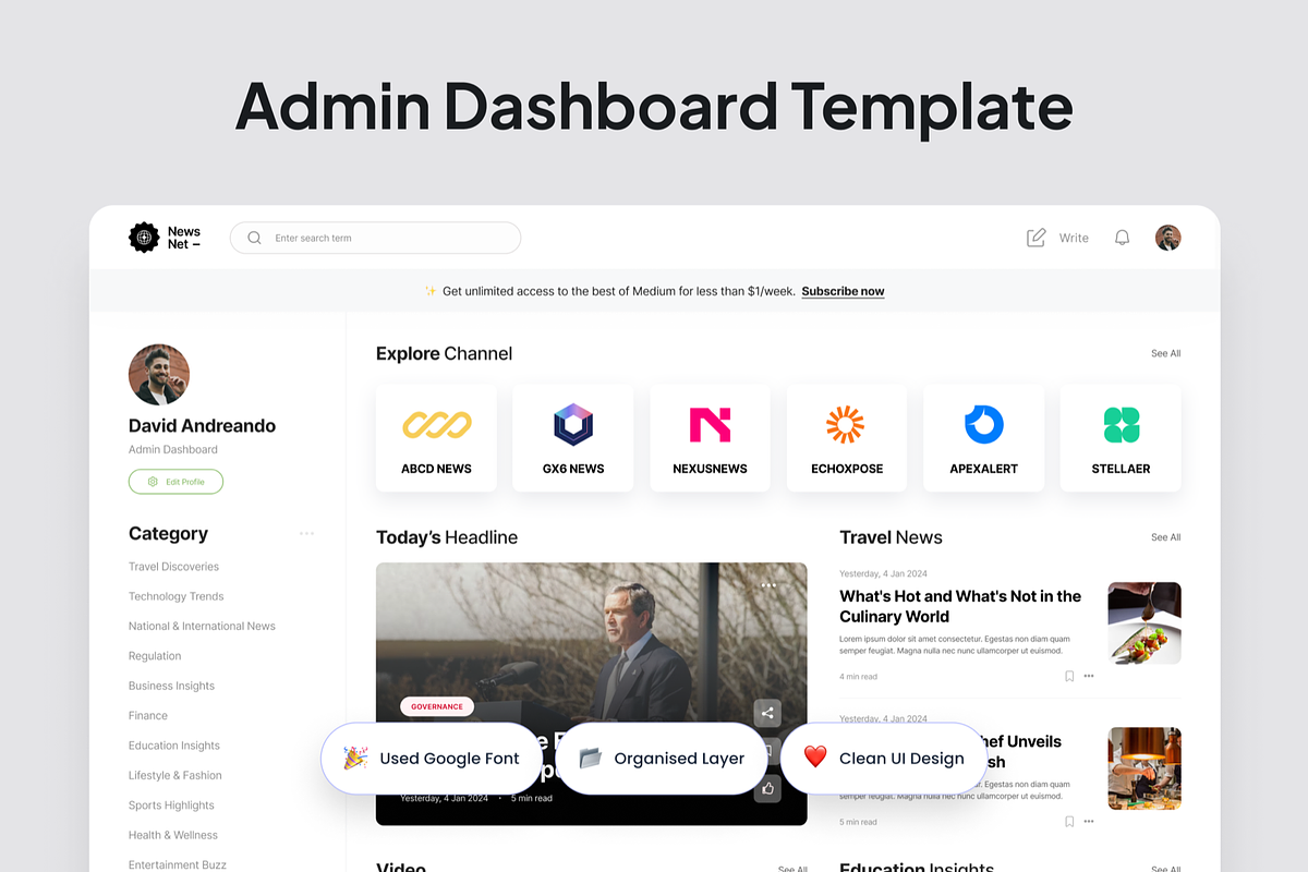 NewsNet - News Dashboard Dashboard, a Websites & App Template by SquidPixey (Photo 2 of 5)