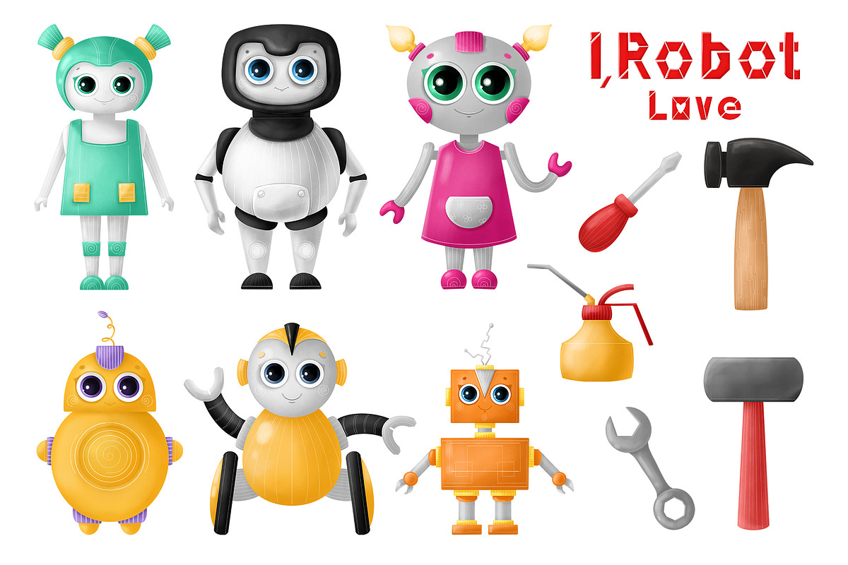 Cute robots clipart, an Object Illustration by YuNa (Photo 2 of 7)
