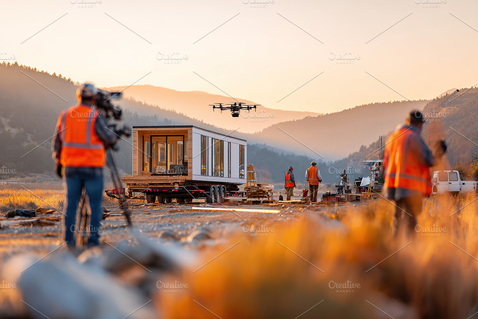 Construction of modular tiny house in serene mountain landscape during sunset, a Photo by AlyaAnd