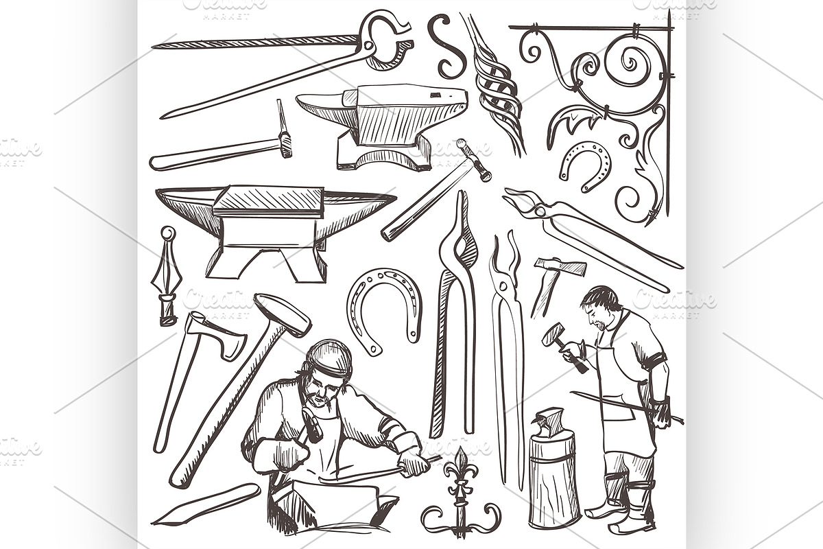 Hand drawn sketch blacksmith set, an Illustration by Netkoff
