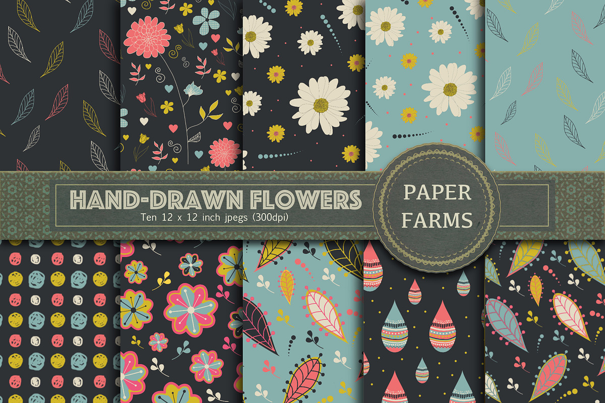 Hand-drawn flower digital paper, a Pattern Graphic by Paper Farms (Photo 1 of 2)