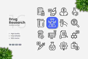 Drug Research Outline Icons, an Outline Icon by Upnowgraphic