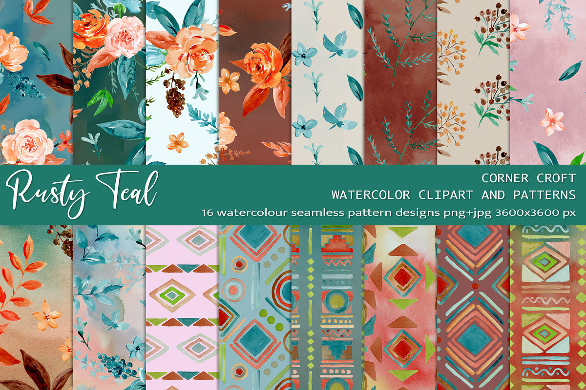 Rusty Teal Floral Clipart & Patterns, an Illustration by Corner Croft (Photo 8 of 13)