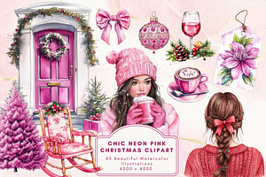 Chic Neon Pink Christmas Clipart, an Illustration by NadiaTheronArt