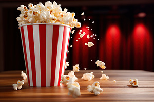 Paper cup with popcorn on wooden background, a Food & Drink Photo by AlyaAnd