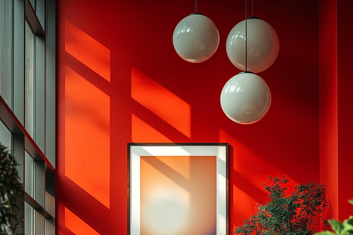 A serene indoor space featuring a modern artwork, a bench, and v, a Decorative Illustration by ImageMir