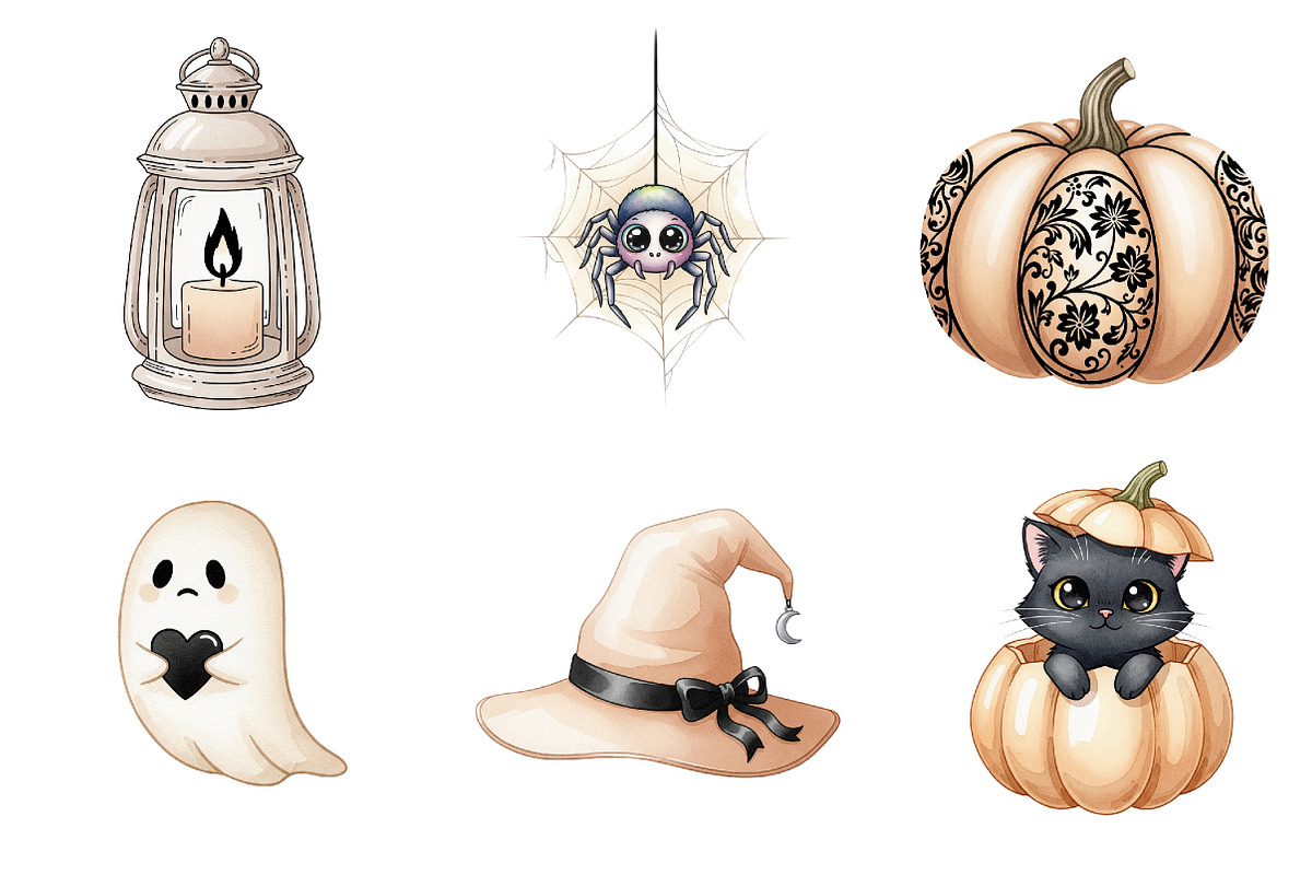 Beige & Black Halloween Clipart, an Illustration by Watercolor design (Photo 4 of 4)