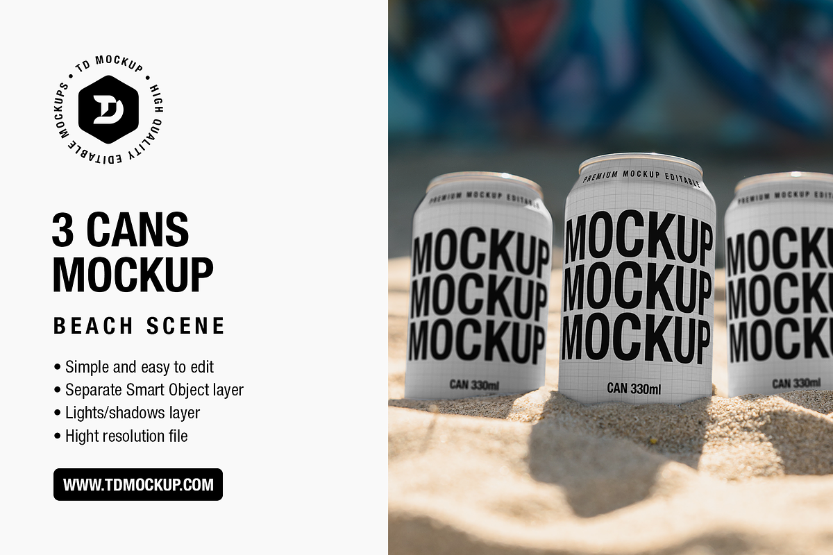 3 Cans Mockup - Beach Scene, a Packaging Mockup by TD Mockup (Photo 1 of 2)