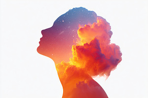 Human silhouette filled with vibrant clouds and cosmic sky at dawn, a Photo by AlyaAnd
