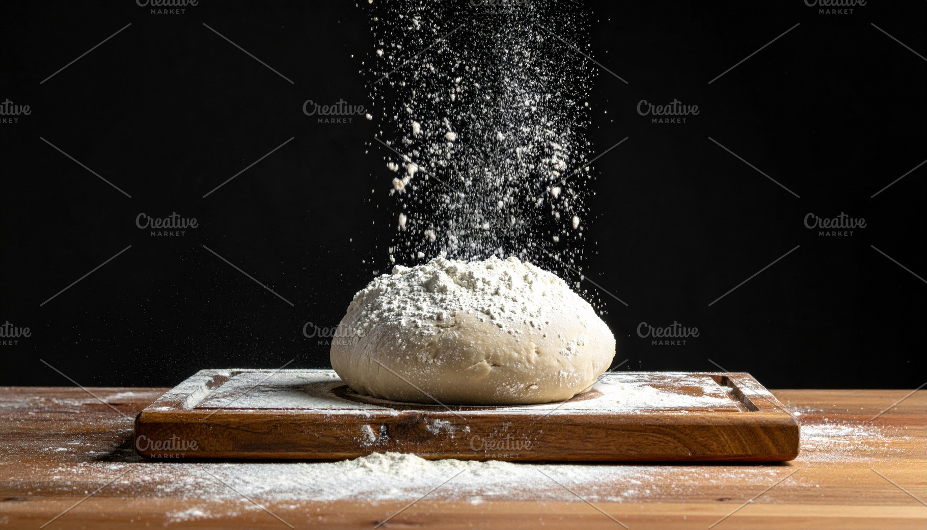 Flour Falling on Dough on Cutting Board, a Food & Drink Photo by Davizro's Market