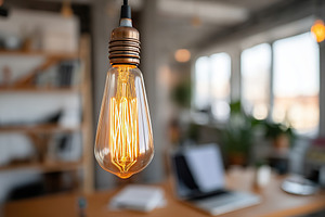 Vintage light bulb illuminating a modern workspace in a bright, open office set, a Photo by AlyaAnd
