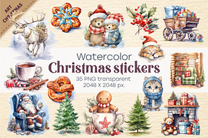 Watercolor Christmas stickers., a Decorative Illustration by KENO Mascots