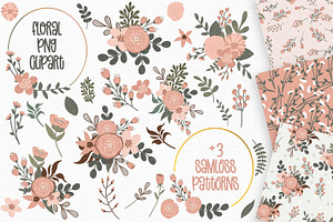 Pink Floral Clipart & Seamless Paper, an Illustration by illuztrate