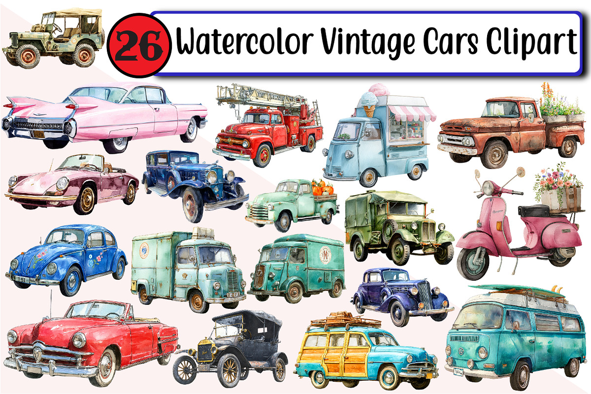 Watercolor Vintage Cars Clipart, an Illustration by Design Market (Photo 1 of 3)