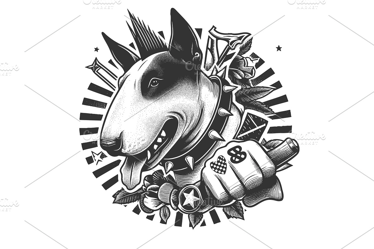 Punk Bull Terrier with Spiked Collar, an Animal Illustration by AlexArt