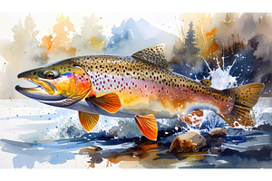 Watercolor trout leaping in mountain, an Animal Photo by Igor Tichonow