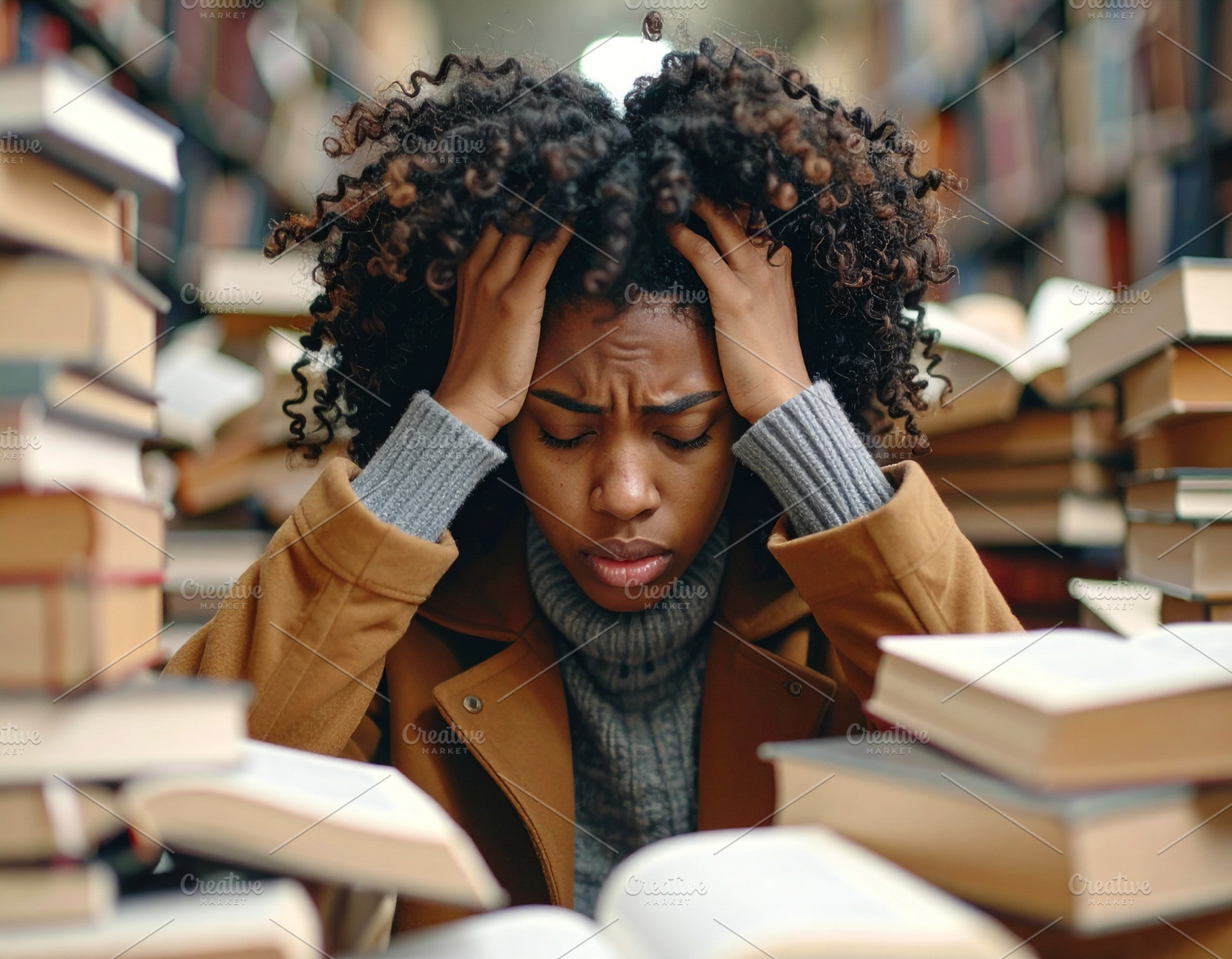 Stressed student surrounded by books and papers, a School & Education Photo by DanFLCreativo