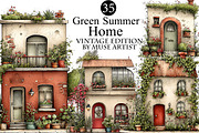 Green Summer Home Watercolor Clipart, an Illustration by DreamArtGraphic (Thumbnail 1 of 8)