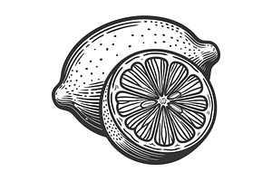 Whole and Sliced lemon engraving, a Food Illustration by AlexArt