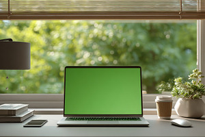 Laptop Green Screen Workspace Window, a Photo by Pixeness Studio
