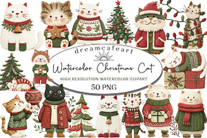 Watercolor Christmas Cat Clipart, an Illustration by DreamCafeArt