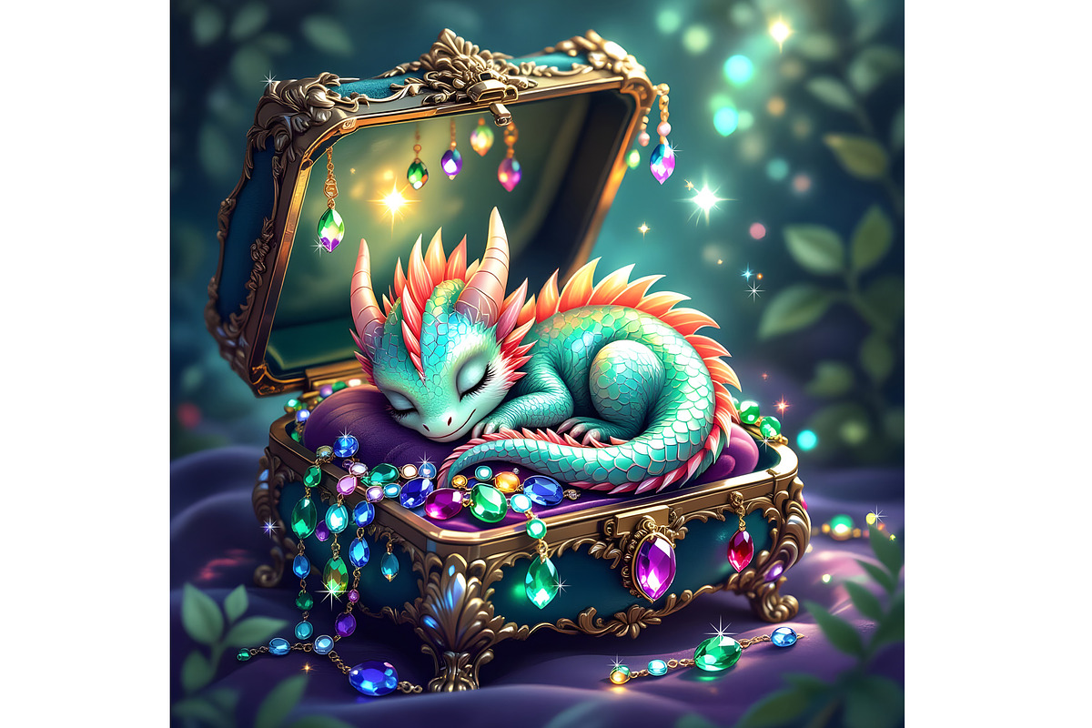 Cute Baby Dragon Sleeping in Jewels, an Animal Illustration by Sharon Schwalbe (Photo 2 of 2)