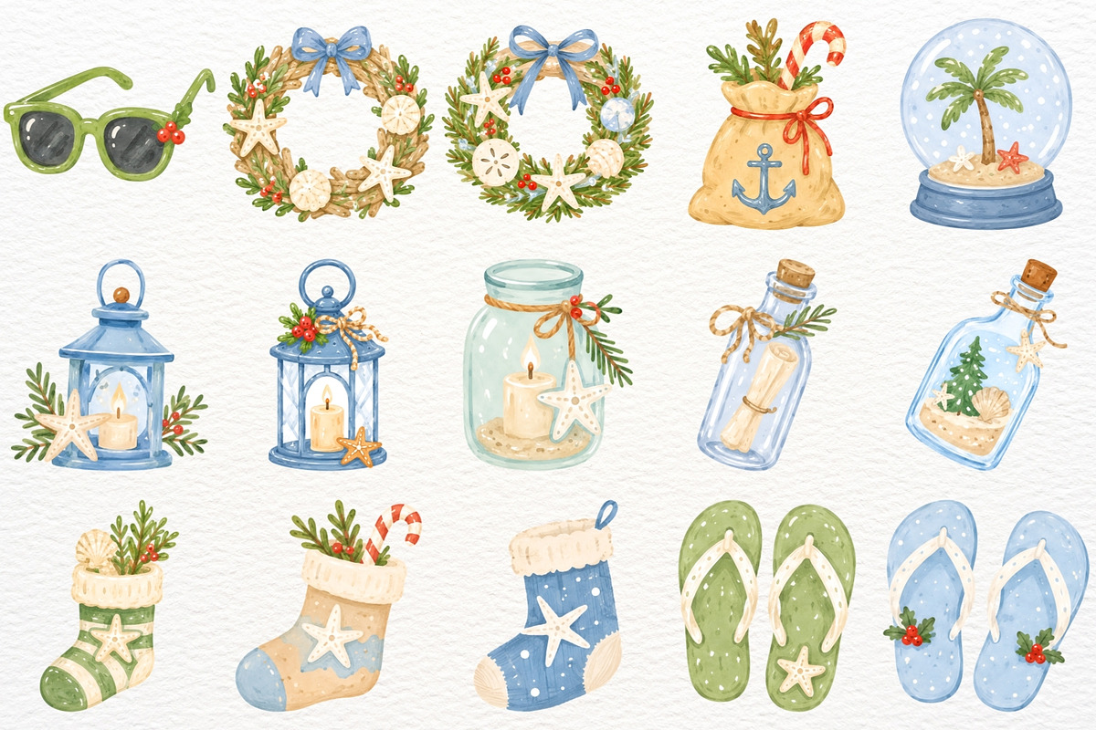 Coastal Christmas Clipart Beach PNG, a Seasonal Illustration by SugarCloudStudioArt (Photo 4 of 5)