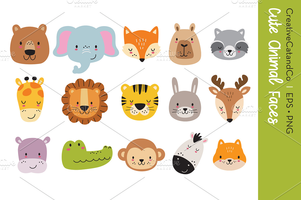 Cute Wild Animal Faces PNG EPS, an Animal Illustration by CreativeCatandCo