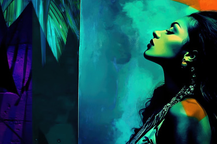 A profile view of a woman with long hair, set against a vibrant, abstract backg, an Arts & Entertainment Photo by Textures & Backgrounds