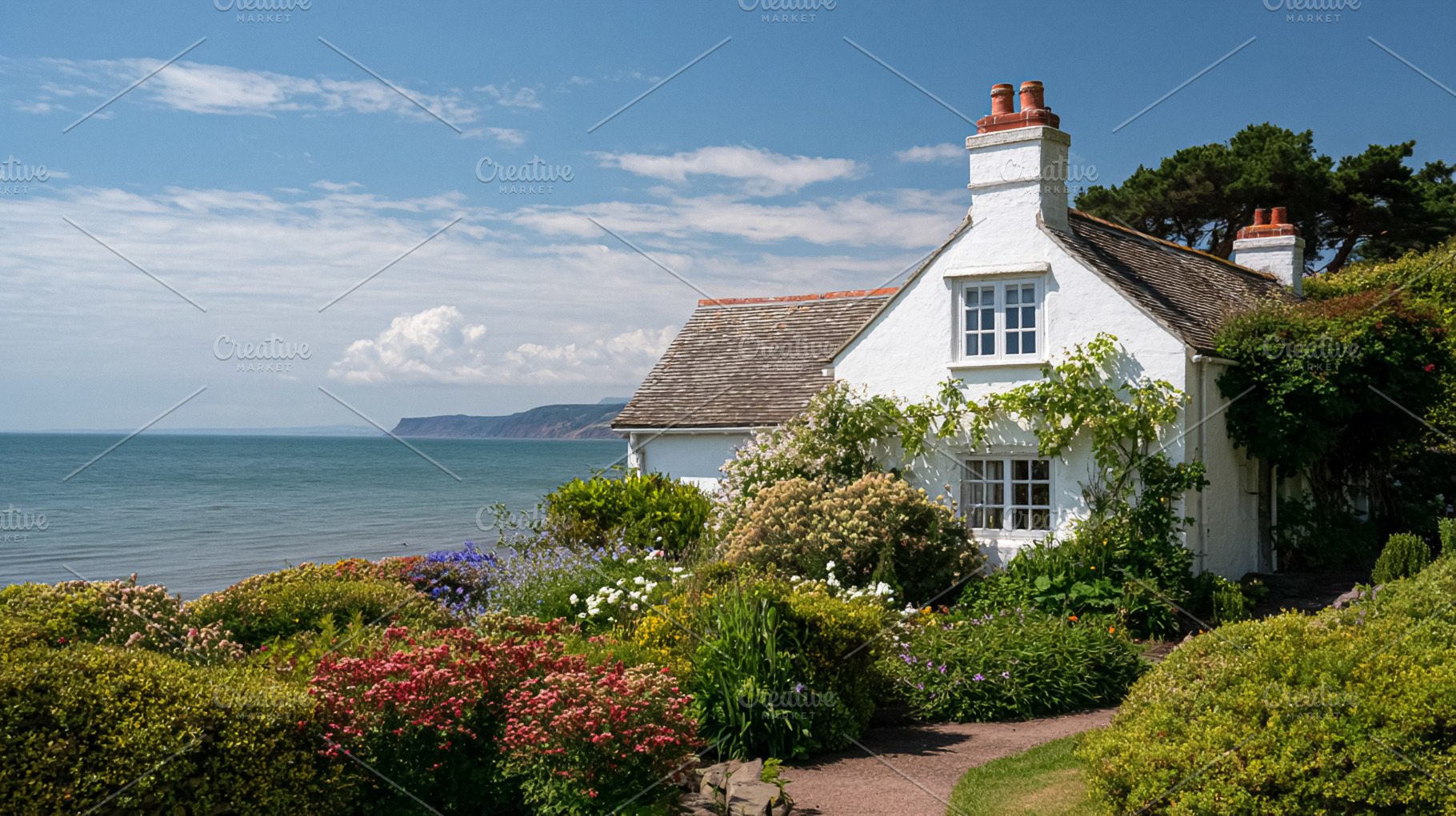 White coastal cottage with blooming garden overlooking the ocean, a Photo by Studio ANNA