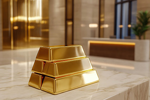 Stack of golden bars on the table, a Photo by AlyaAnd