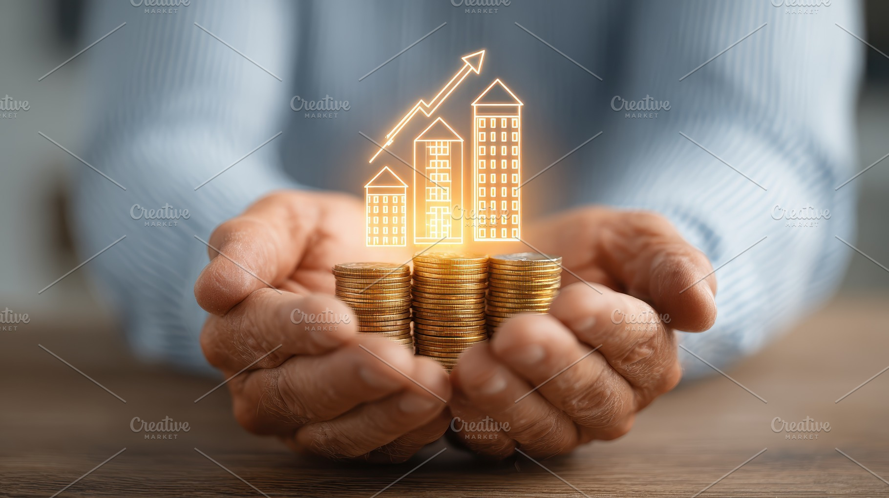 Elderly hands holding coins with gro, a Photo by Pixeness Studio