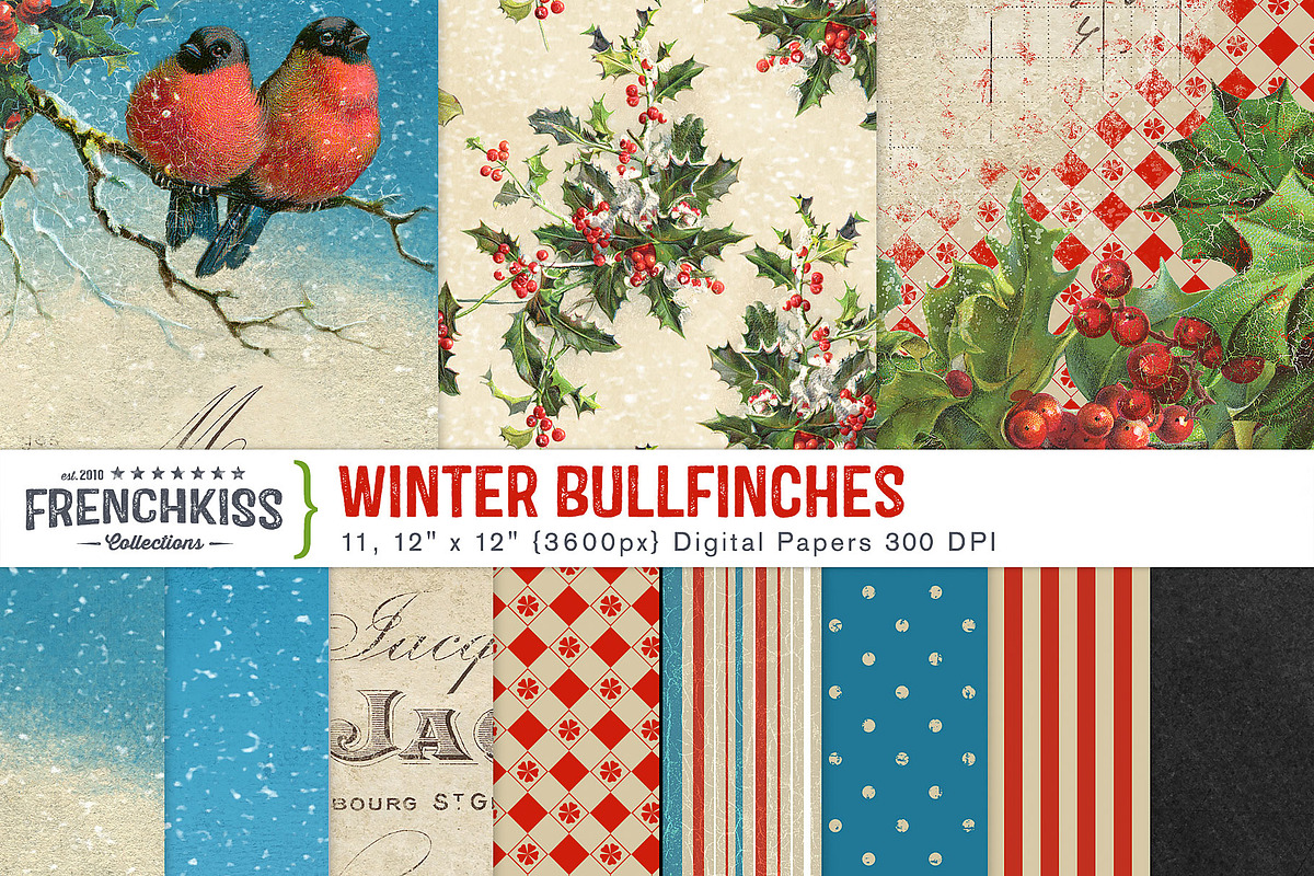 Winter Bullfinches Digital Papers, a Texture Graphic by French Kiss Collections (Photo 1 of 2)