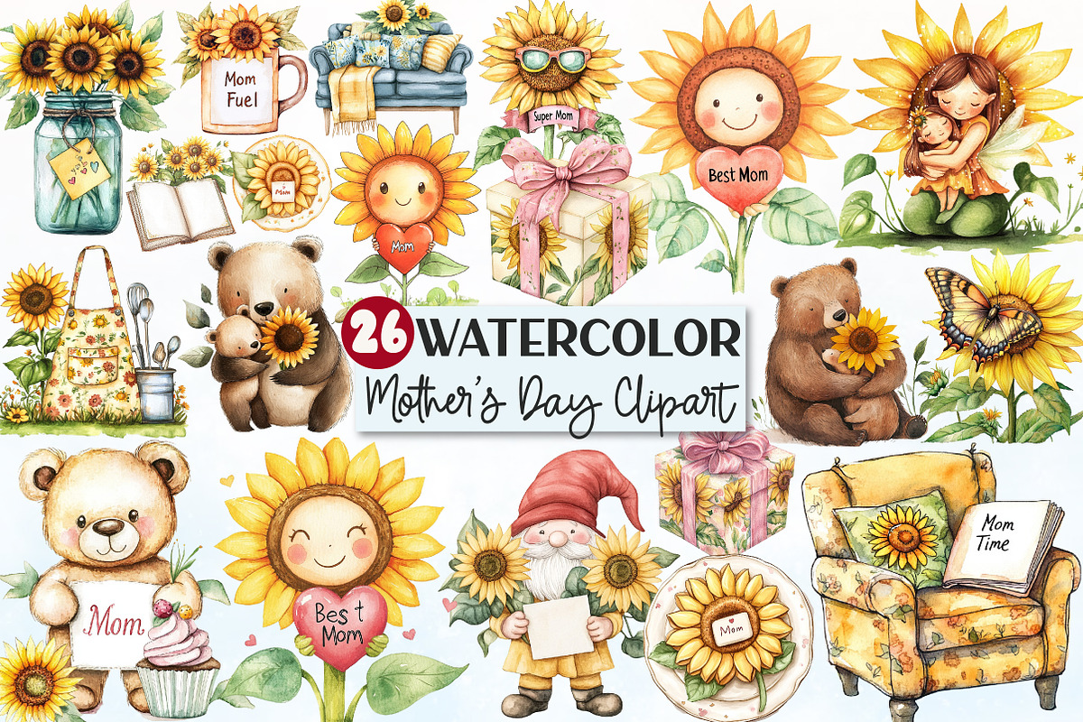 Sunflower Mother’s Day Clipart Bundl, a Seasonal Illustration by Rose Art (Photo 1 of 4)