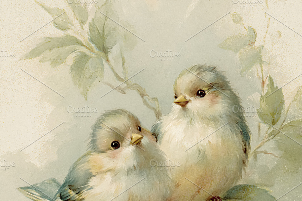 Three charming vintage style birds perching on a blooming branch, an Illustration by Studio ANNA