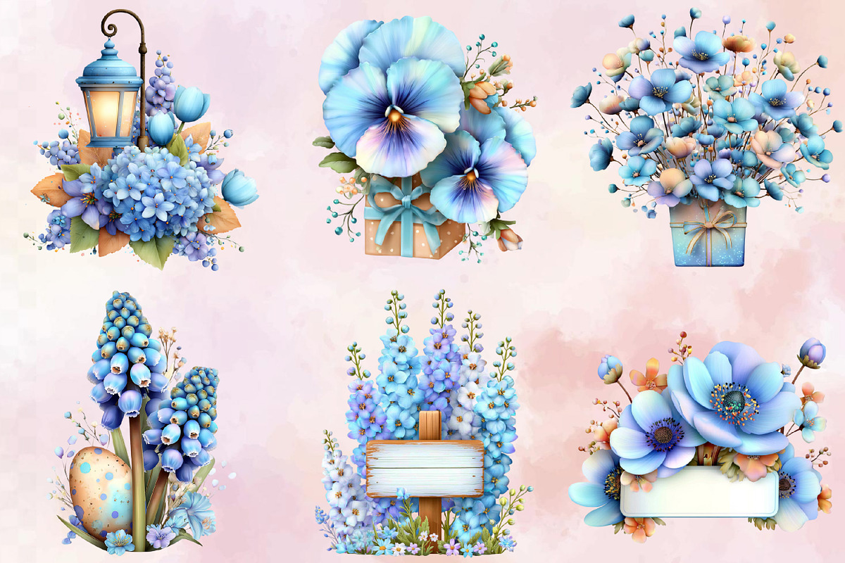 Whimsical Blue Flowers Spring Clipar, an Illustration by SVGArt (Photo 2 of 9)