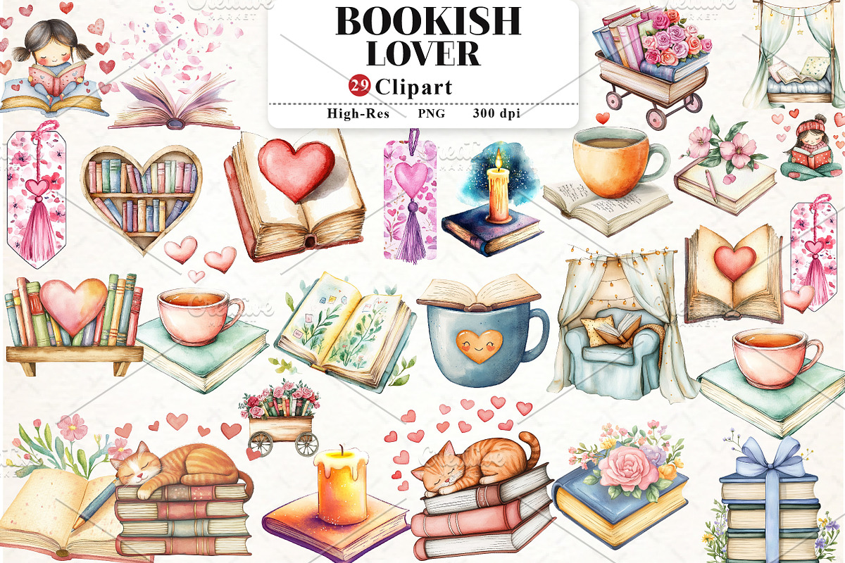 Bookish Lover Clipart, an Illustration by Watercolor design (Photo 1 of 9)