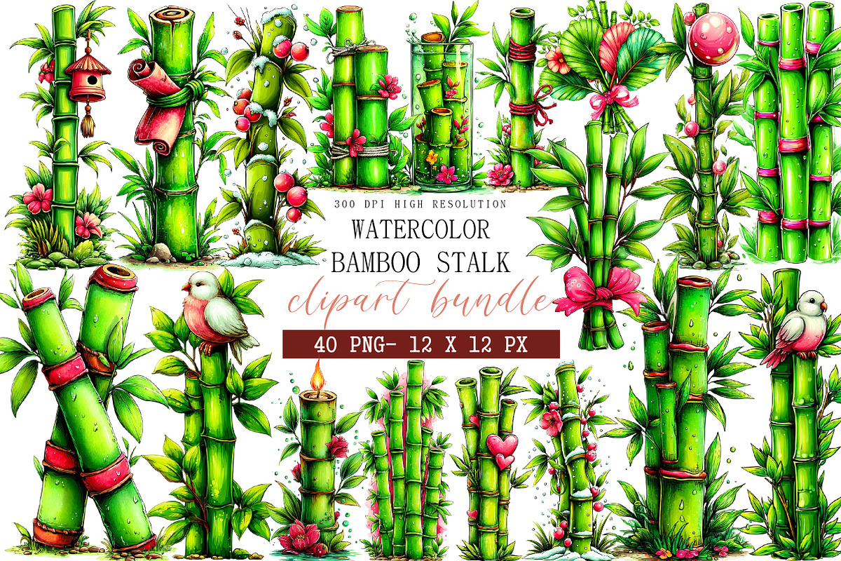 Watercolor Bamboo Stalk Clipart, an Illustration by DreamArtGraphic (Photo 1 of 4)